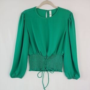 Kazo Women's Green Long Sleeve Elastic Tie Bow Waist Blouse Sz M EUC